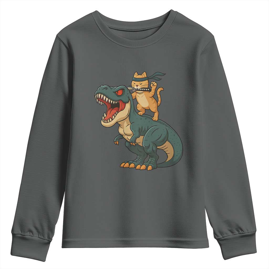 Ninja Cat Riding Dinosaur Youth Sweatshirt - undefined