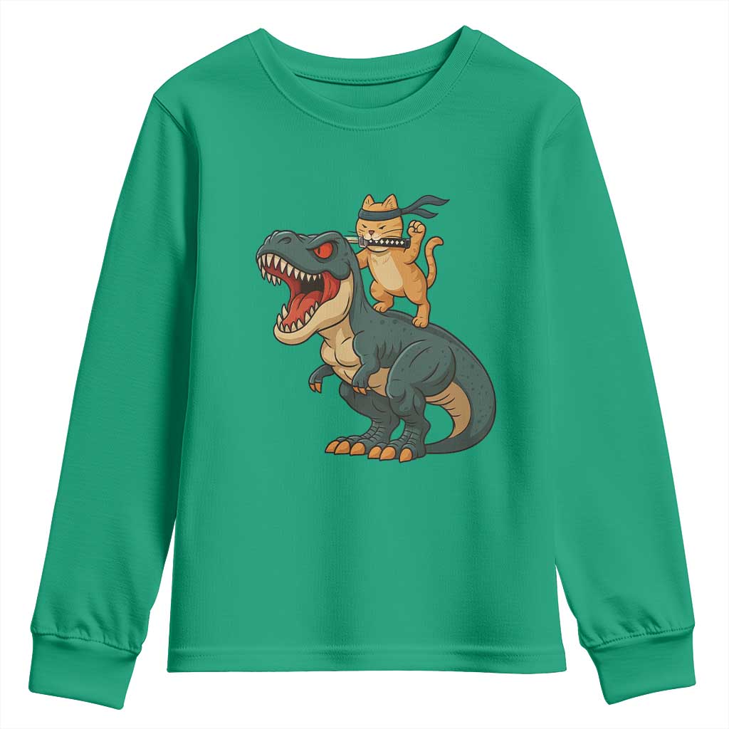 Ninja Cat Riding Dinosaur Youth Sweatshirt - undefined
