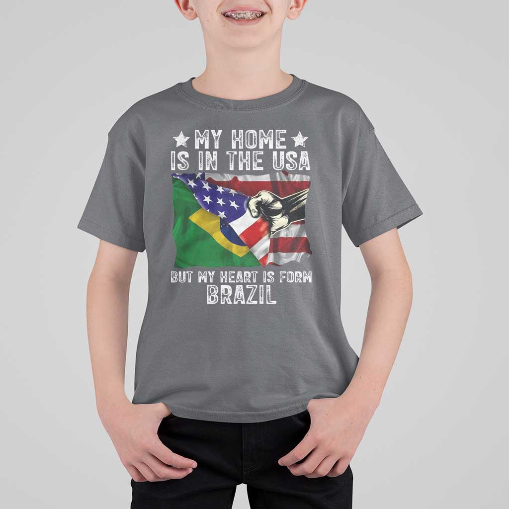 Brazilian American Patriot Heart Is From Brazil Flag T Shirt For Kid
