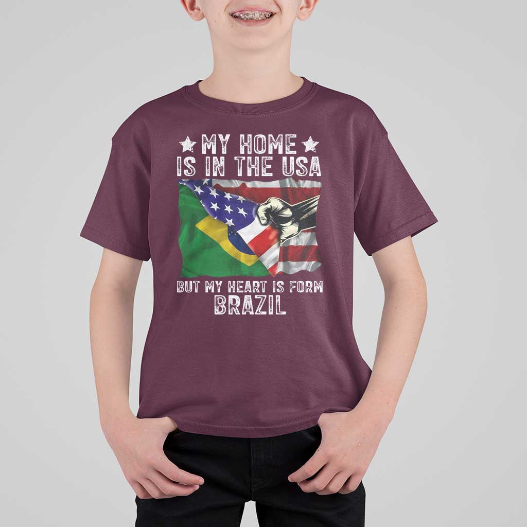 Brazilian American Patriot Heart Is From Brazil Flag T Shirt For Kid