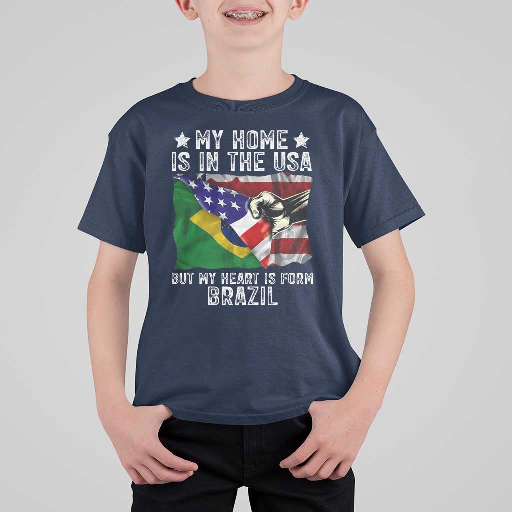 Brazilian American Patriot Heart Is From Brazil Flag T Shirt For Kid