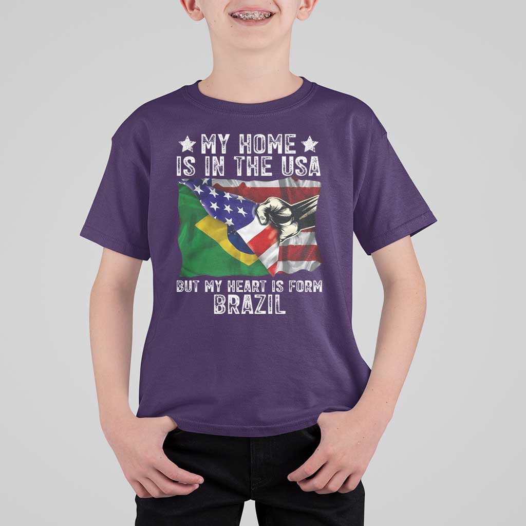 Brazilian American Patriot Heart Is From Brazil Flag T Shirt For Kid
