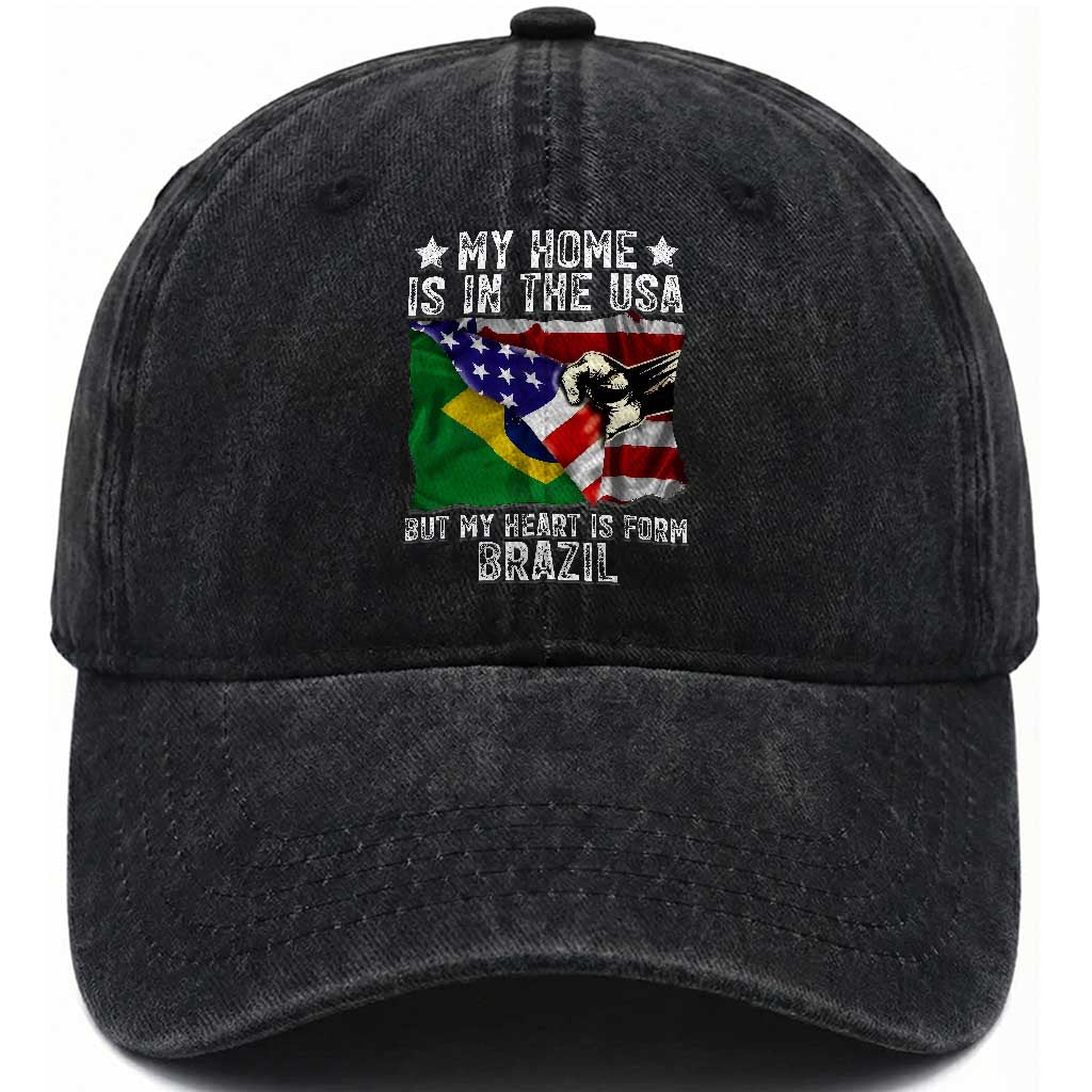 Brazilian American Patriot Heart Is From Brazil Flag Washed Cotton Baseball Cap