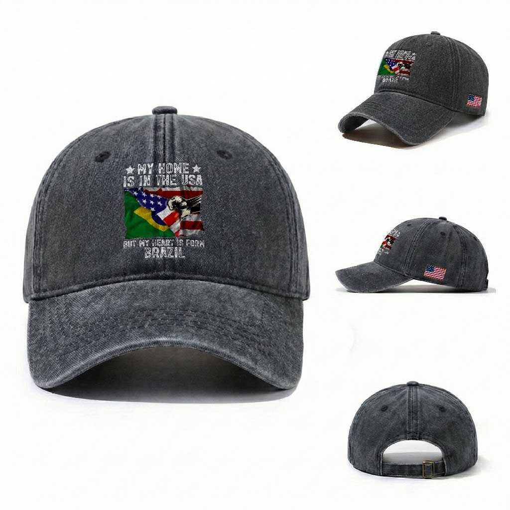 Brazilian American Patriot Heart Is From Brazil Flag Washed Cotton Baseball Cap