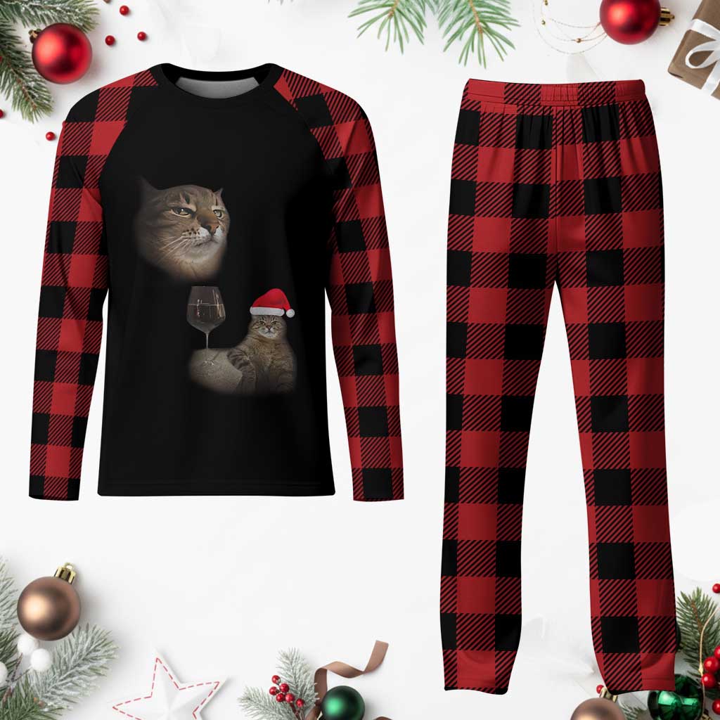 Funny Cat Christmas Plaid Pajama Set Cats Drinking Wine Oddly Specific Meme - Wonder Print Shop