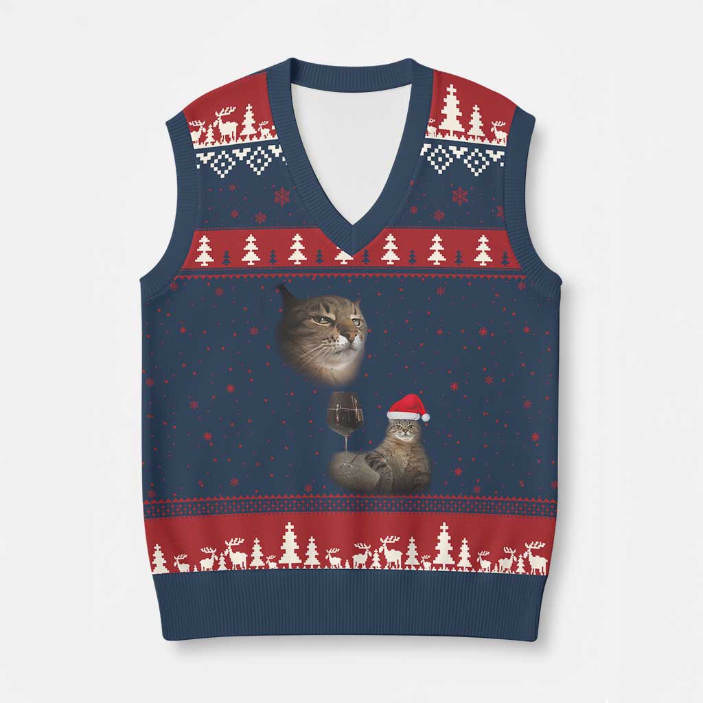 Funny Cat Xmas V-Neck Knit Sweater Vest Cats Drinking Wine Oddly Specific Meme - Wonder Print Shop