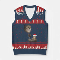 Funny Cat Xmas V-Neck Knit Sweater Vest Cats Drinking Wine Oddly Specific Meme - Wonder Print Shop