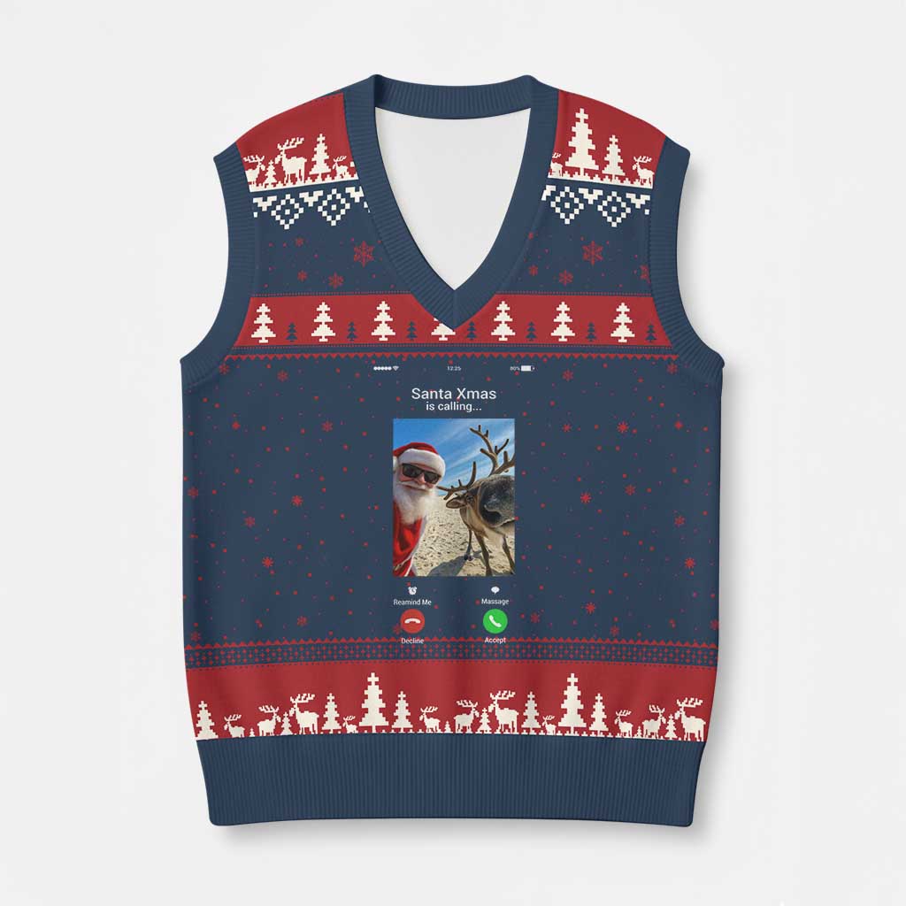 Santa Xmas Meme V-Neck Knit Sweater Vest Reindeer Video Call - Wonder Print Shop