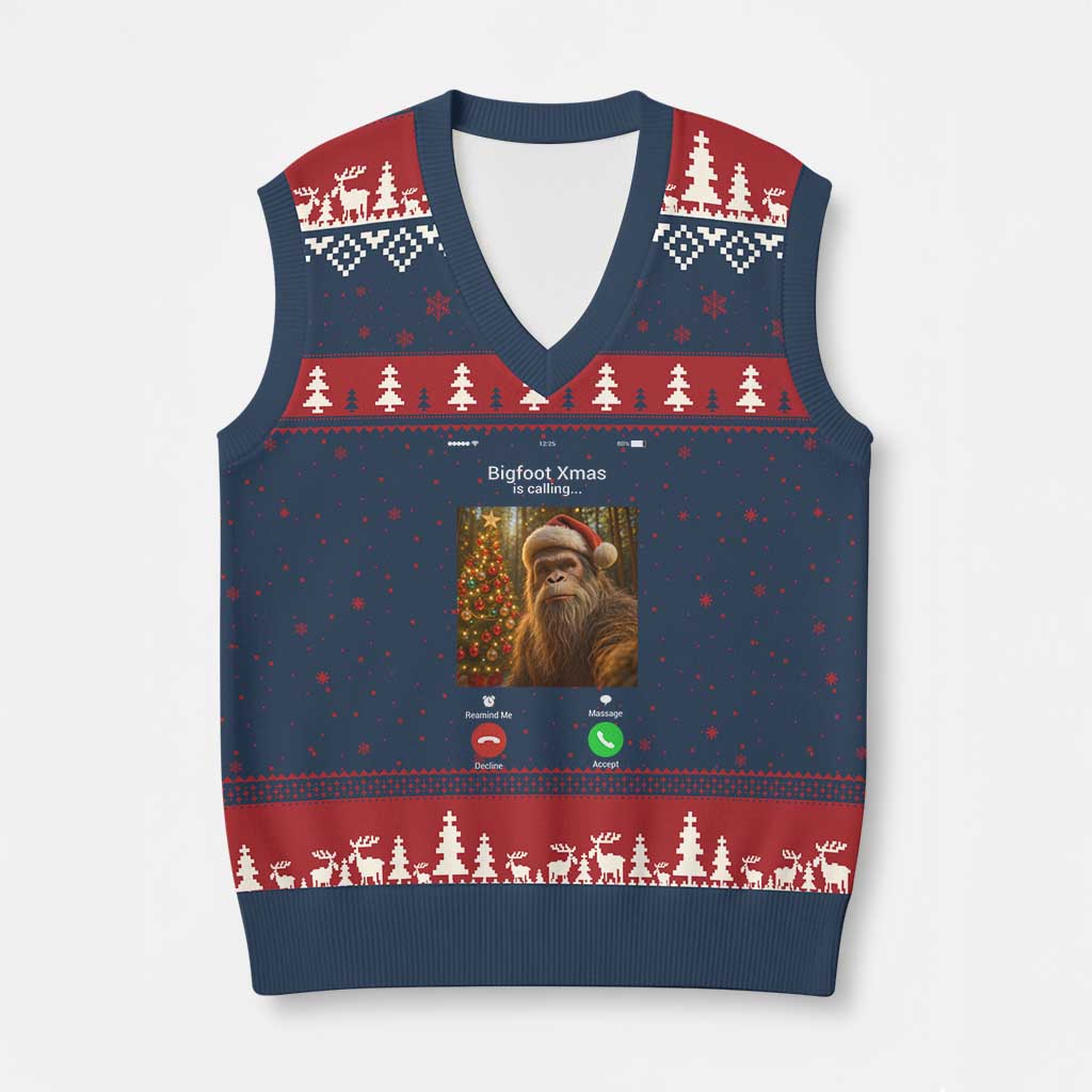 Funny Bigfoot Xmas V-Neck Knit Sweater Vest Sasquatch Video Call Meme - Wonder Print Shop