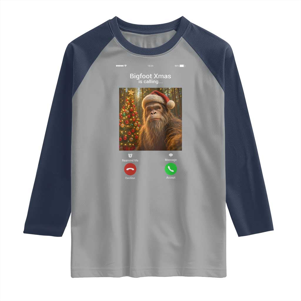 Funny Bigfoot Christmas Raglan Shirt Sasquatch Video Call Meme - Wonder Print Shop