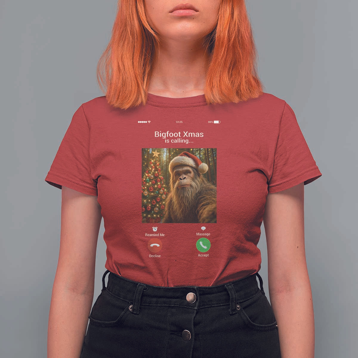 Funny Bigfoot Christmas T Shirt For Women Sasquatch Video Call Meme - Wonder Print Shop