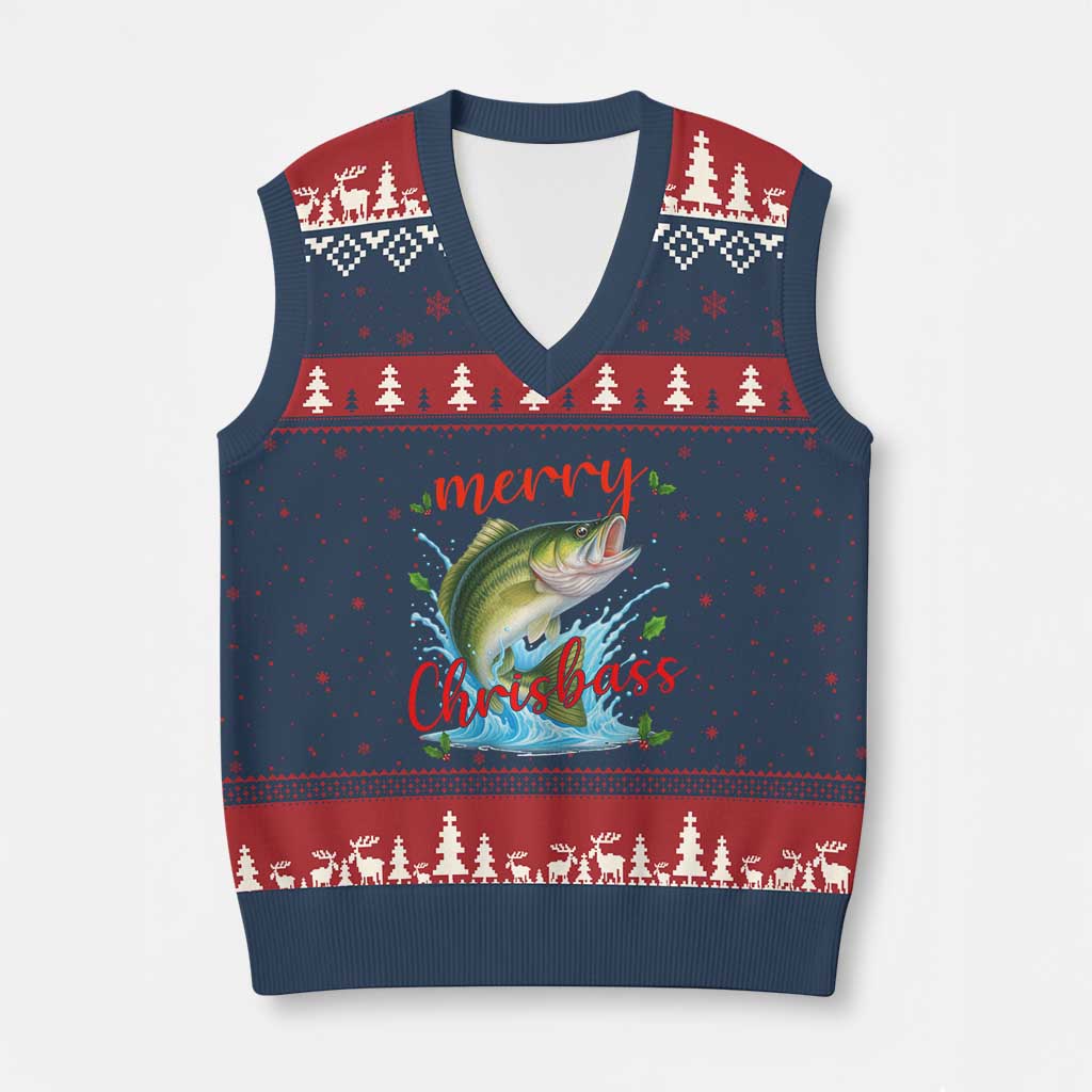 Bass Fish Xmas V-Neck Knit Sweater Vest Merry Chrisbass - Wonder Print Shop