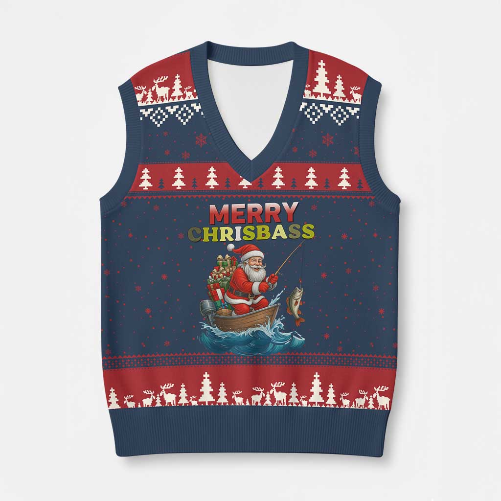 Santa Fishing Xmas V-Neck Knit Sweater Vest Funny Fisherman Merry Chrisbass Xmas - Wonder Print Shop