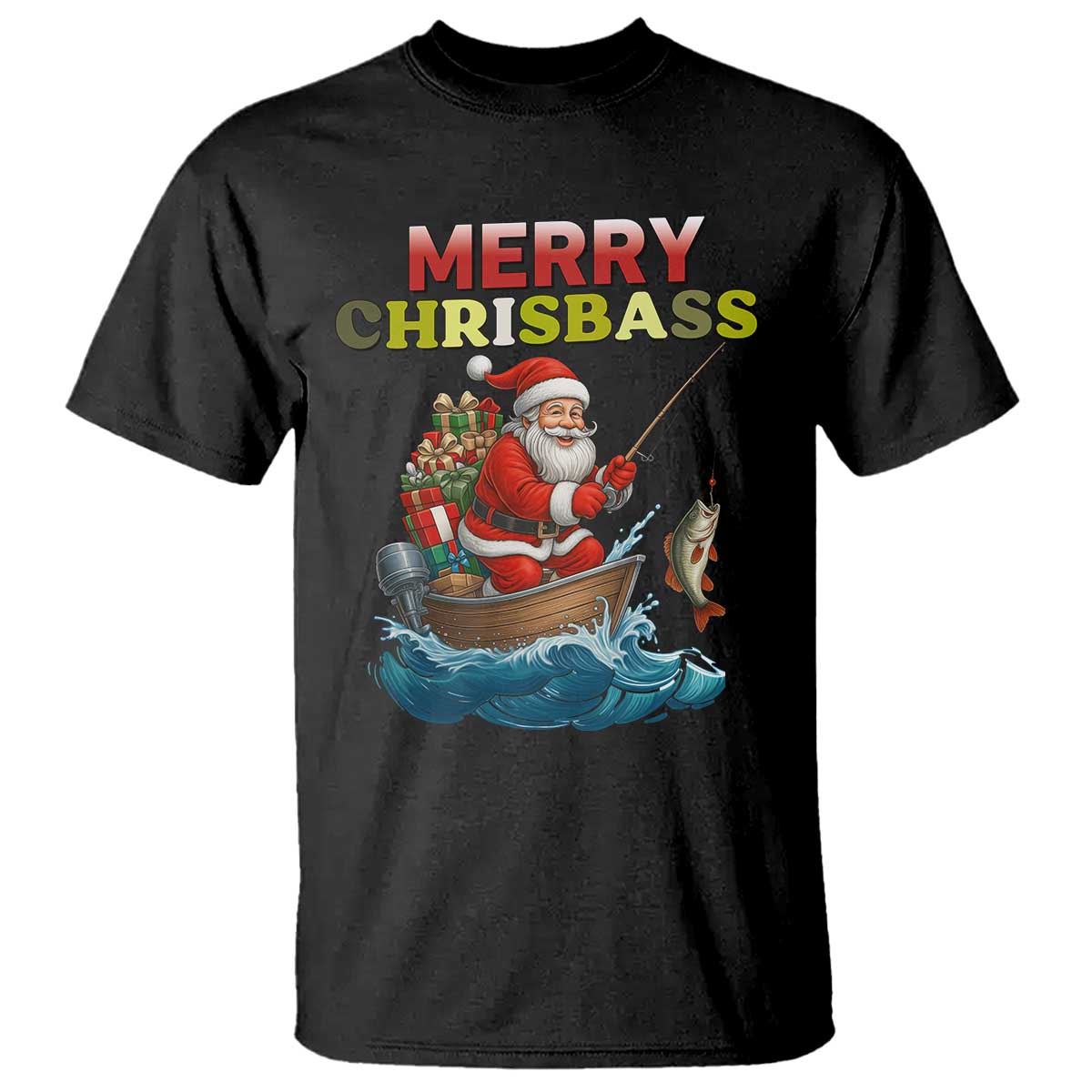 Santa Fishing Christmas T Shirt Funny Fisherman Merry Chrisbass Xmas - Wonder Print Shop