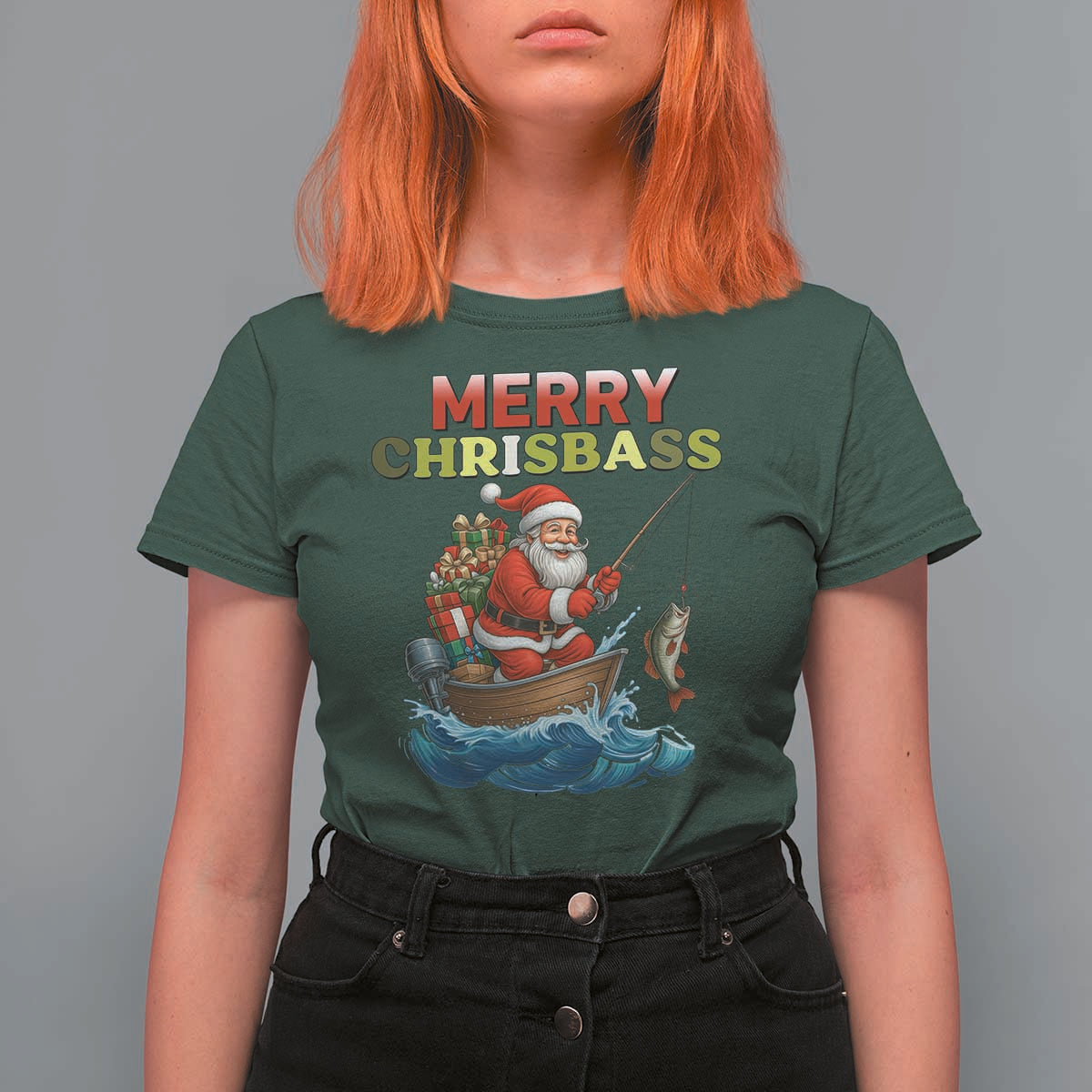 Santa Fishing Christmas T Shirt For Women Funny Fisherman Merry Chrisbass Xmas - Wonder Print Shop