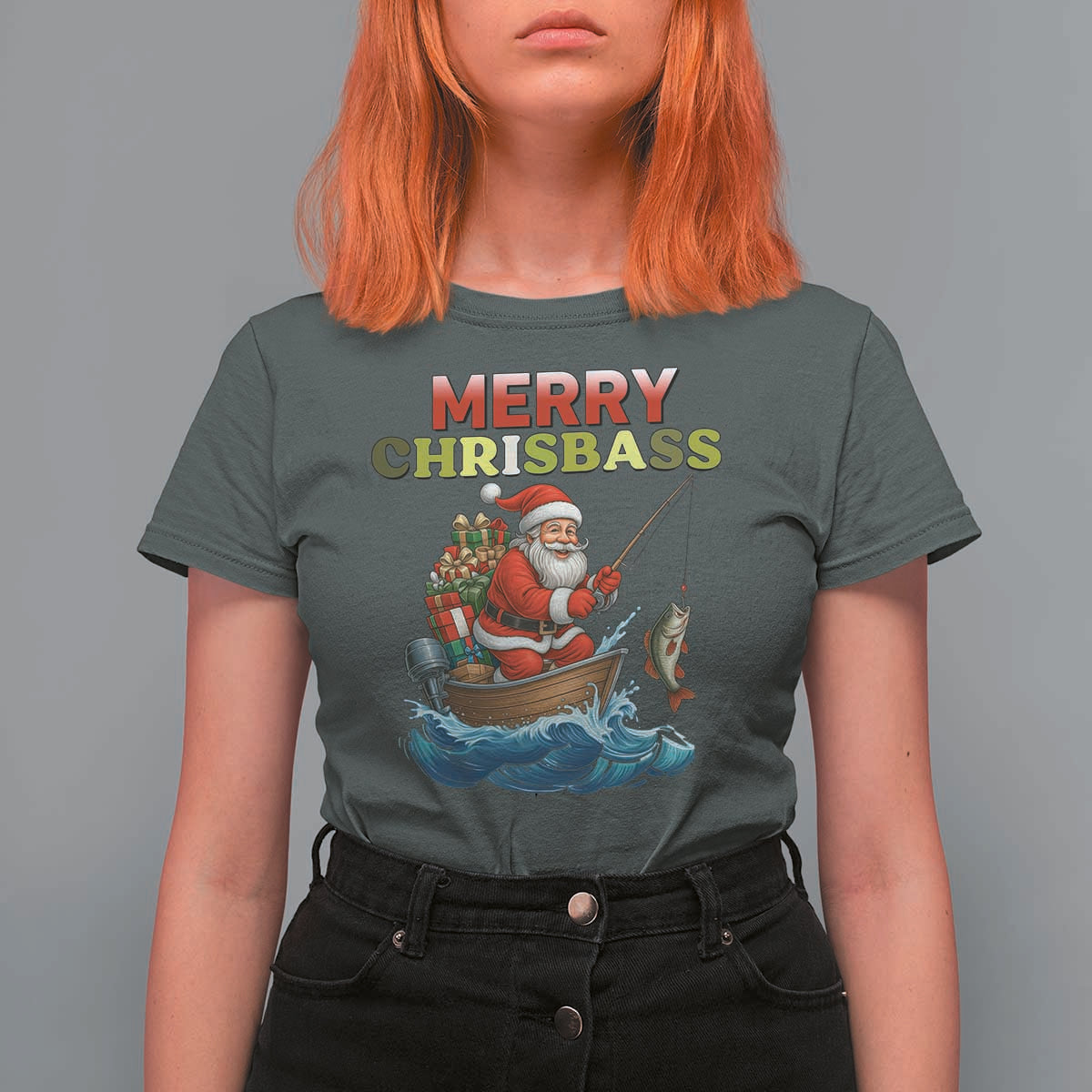 Santa Fishing Christmas T Shirt For Women Funny Fisherman Merry Chrisbass Xmas - Wonder Print Shop
