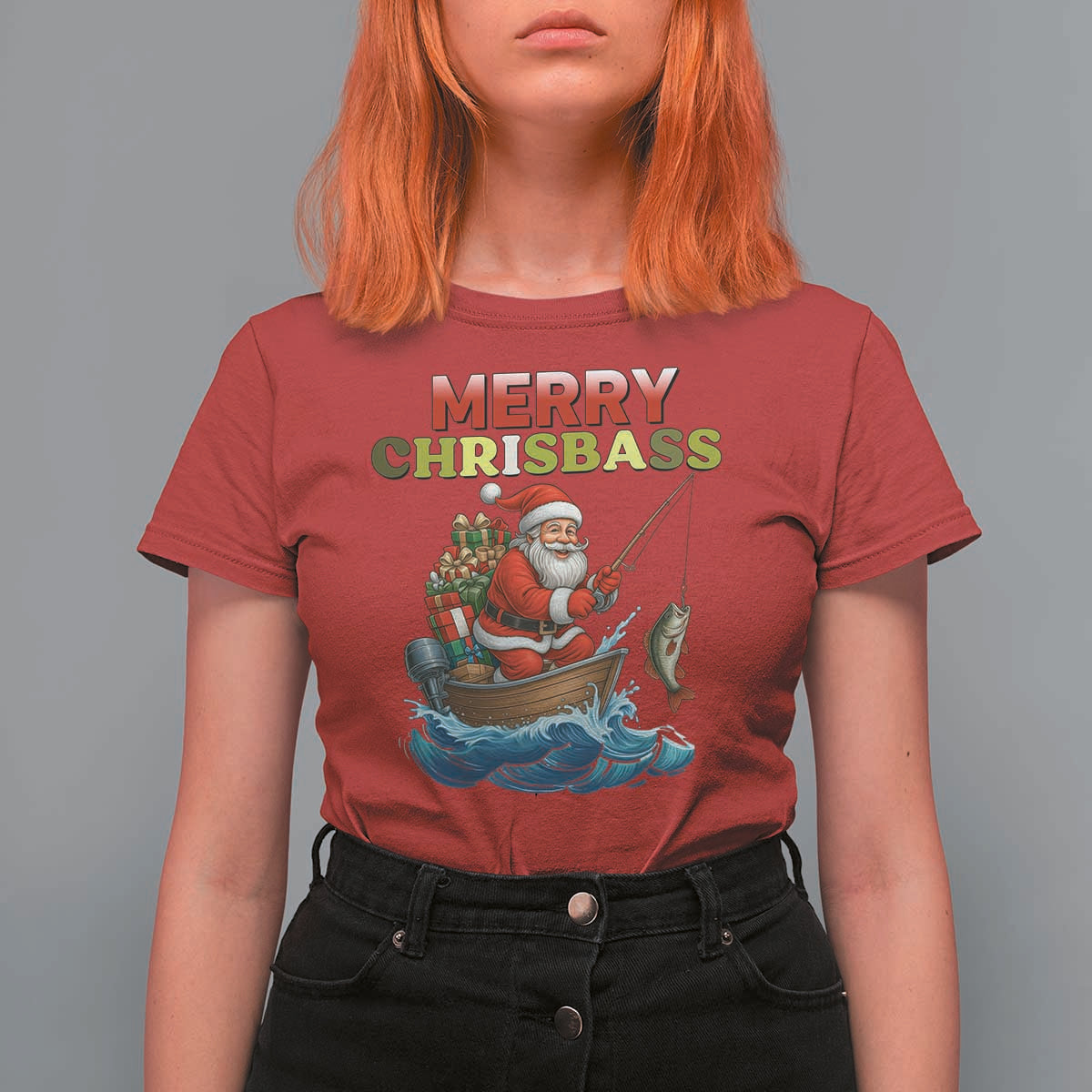 Santa Fishing Christmas T Shirt For Women Funny Fisherman Merry Chrisbass Xmas - Wonder Print Shop