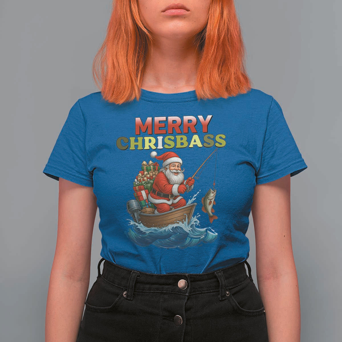 Santa Fishing Christmas T Shirt For Women Funny Fisherman Merry Chrisbass Xmas - Wonder Print Shop