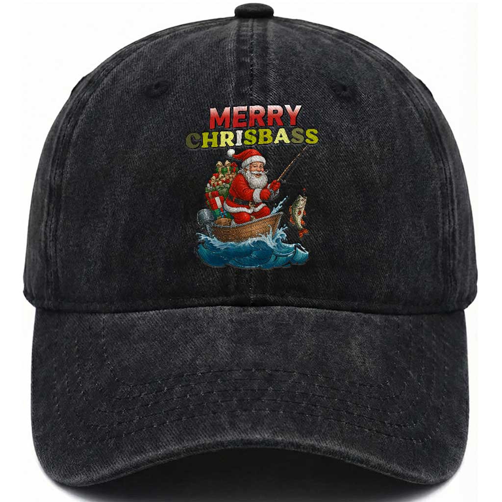 Santa Fishing Christmas Washed Cotton Baseball Cap Funny Fisherman Merry Chrisbass Xmas