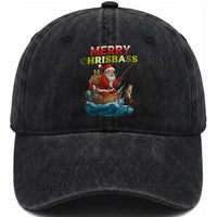 Santa Fishing Christmas Washed Cotton Baseball Cap Funny Fisherman Merry Chrisbass Xmas