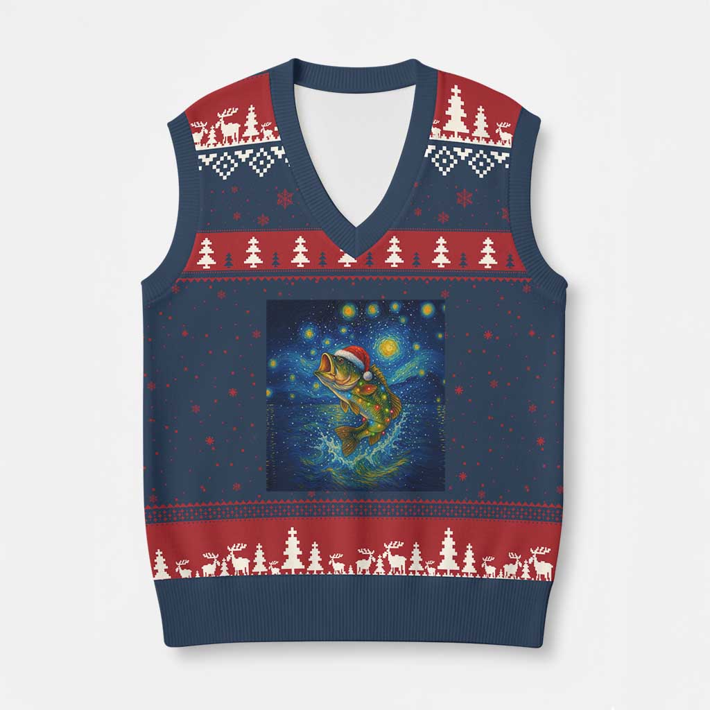 Bass Fish Xmas V-Neck Knit Sweater Vest Starry Night Fishing Van Gogh - Wonder Print Shop