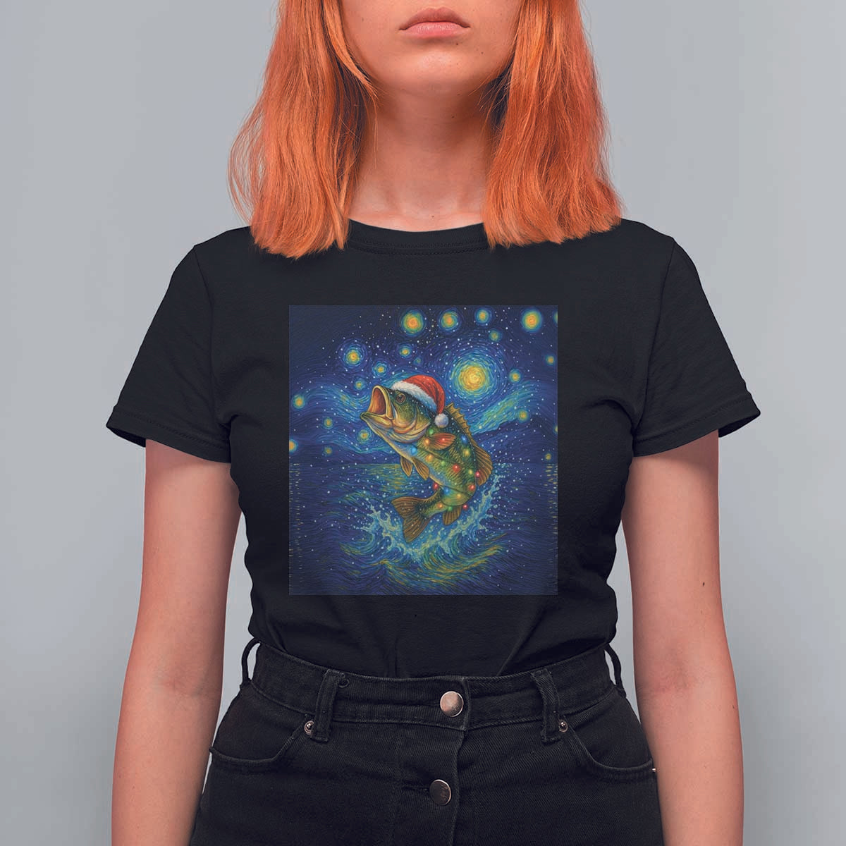 Bass Fish Christmas T Shirt For Women Starry Night Fishing Van Gogh - Wonder Print Shop