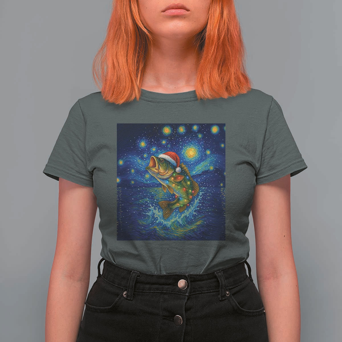 Bass Fish Christmas T Shirt For Women Starry Night Fishing Van Gogh - Wonder Print Shop