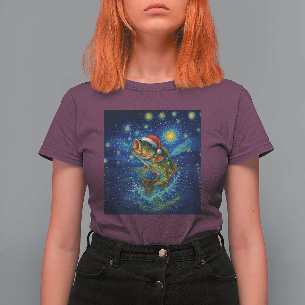 Bass Fish Christmas T Shirt For Women Starry Night Fishing Van Gogh - Wonder Print Shop