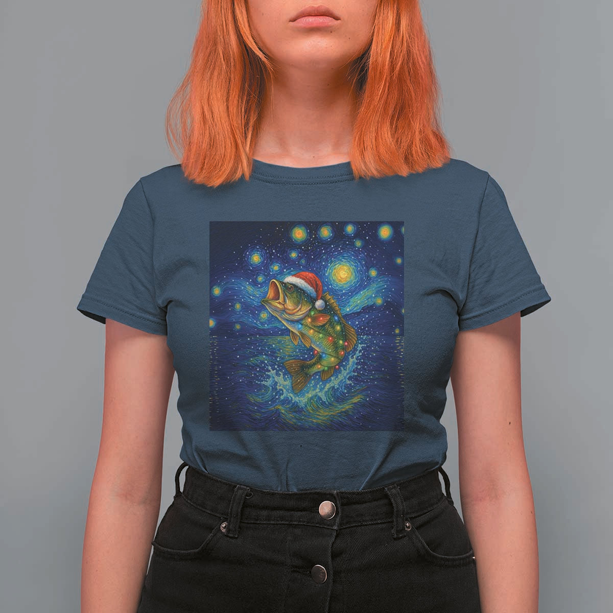 Bass Fish Christmas T Shirt For Women Starry Night Fishing Van Gogh - Wonder Print Shop