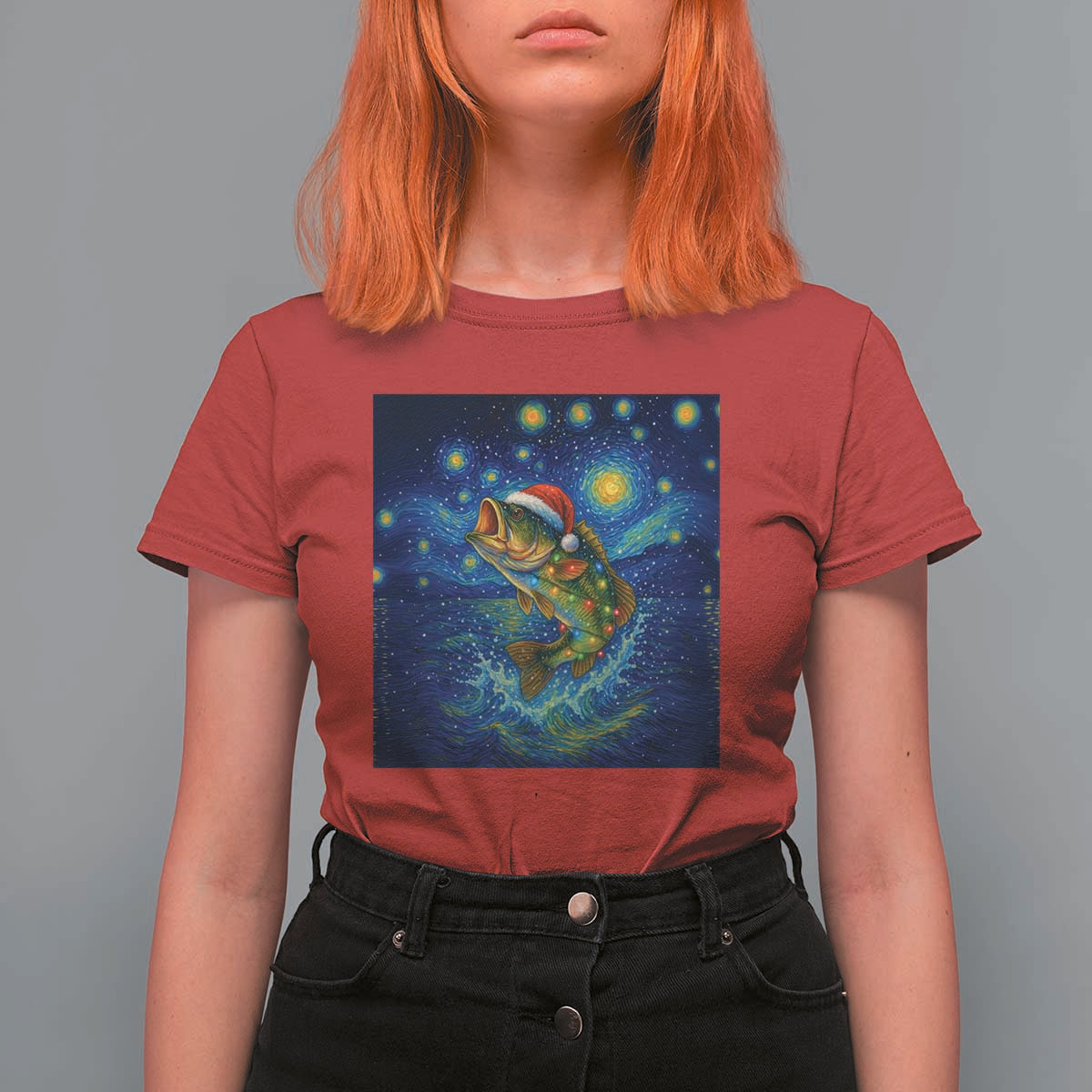 Bass Fish Christmas T Shirt For Women Starry Night Fishing Van Gogh - Wonder Print Shop