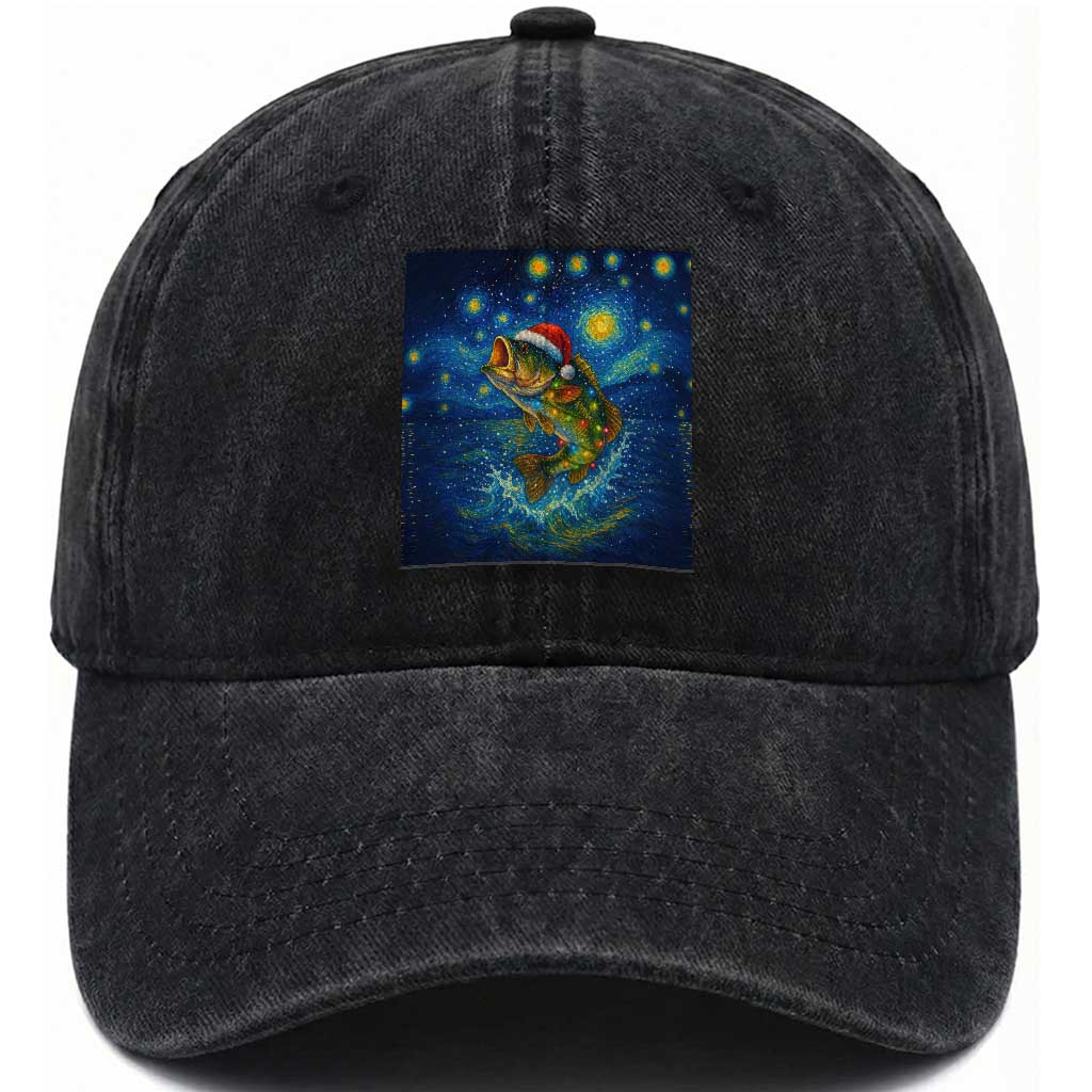 Bass Fish Christmas Washed Cotton Baseball Cap Starry Night Fishing Van Gogh