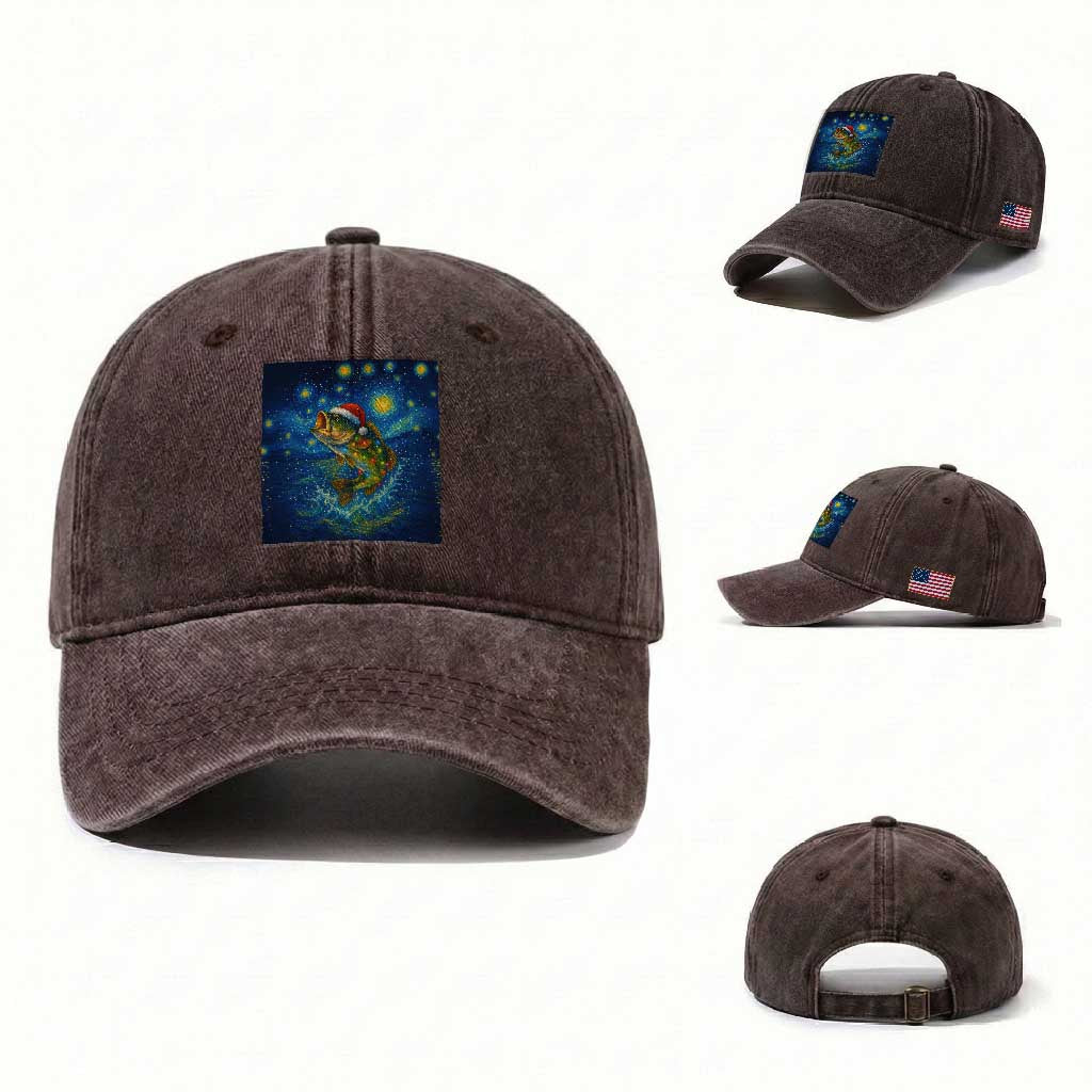 Bass Fish Christmas Washed Cotton Baseball Cap Starry Night Fishing Van Gogh