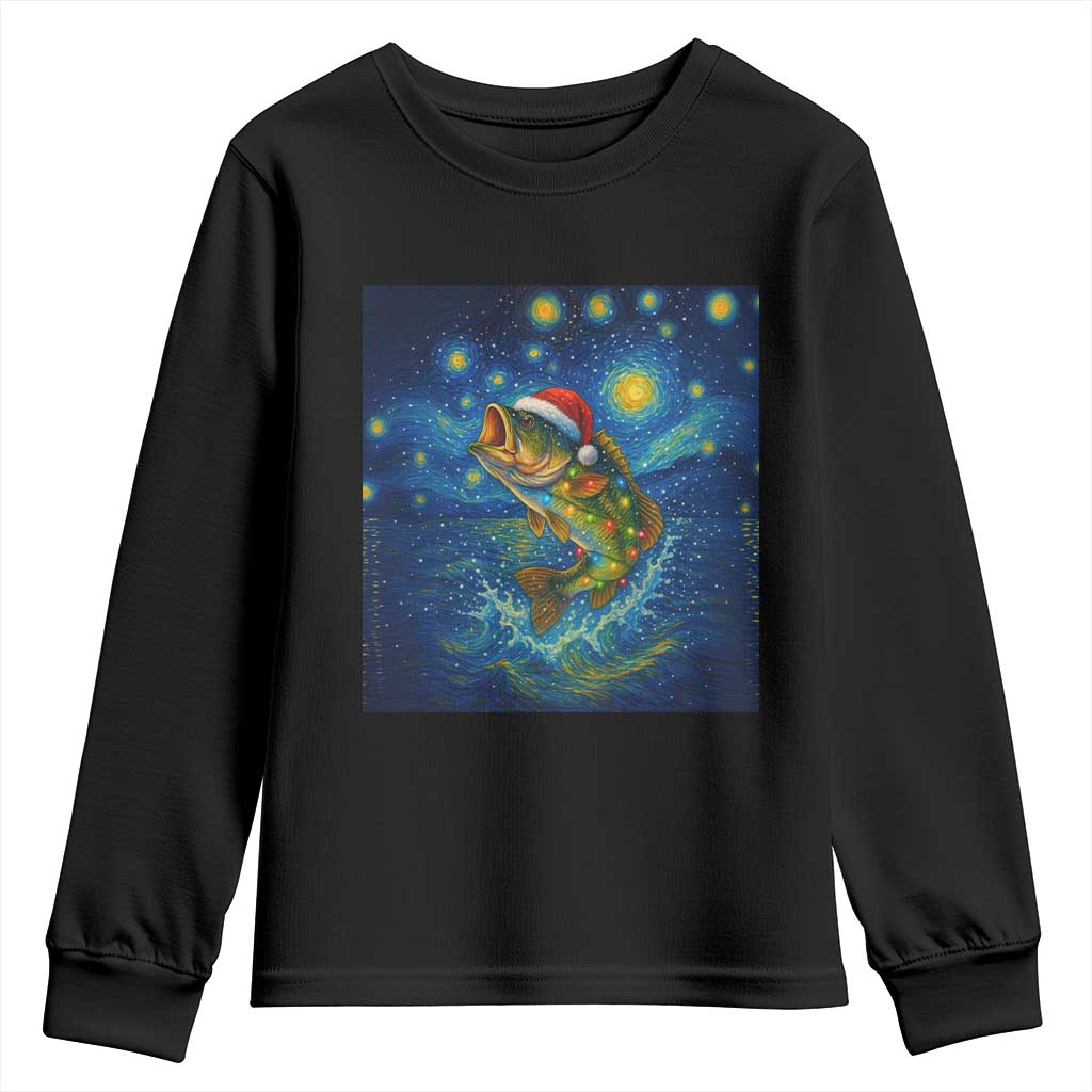 Bass Fish Christmas Youth Sweatshirt Starry Night Fishing Van Gogh - Wonder Print Shop
