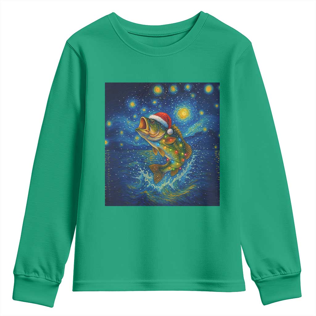Bass Fish Christmas Youth Sweatshirt Starry Night Fishing Van Gogh - Wonder Print Shop