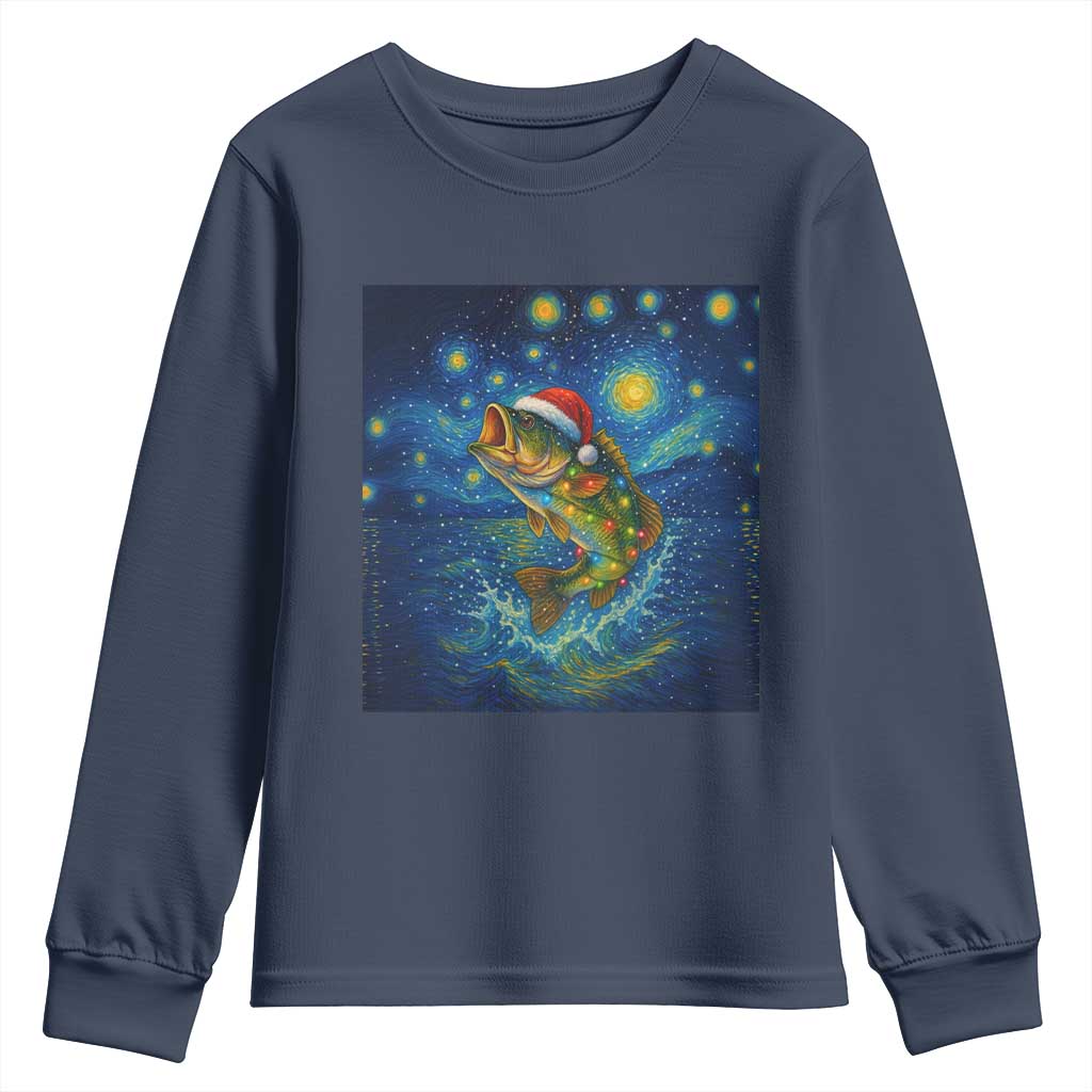 Bass Fish Christmas Youth Sweatshirt Starry Night Fishing Van Gogh - Wonder Print Shop