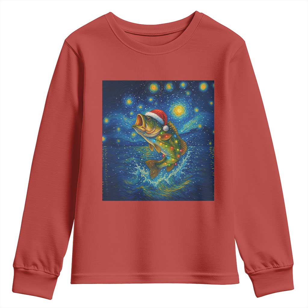 Bass Fish Christmas Youth Sweatshirt Starry Night Fishing Van Gogh - Wonder Print Shop