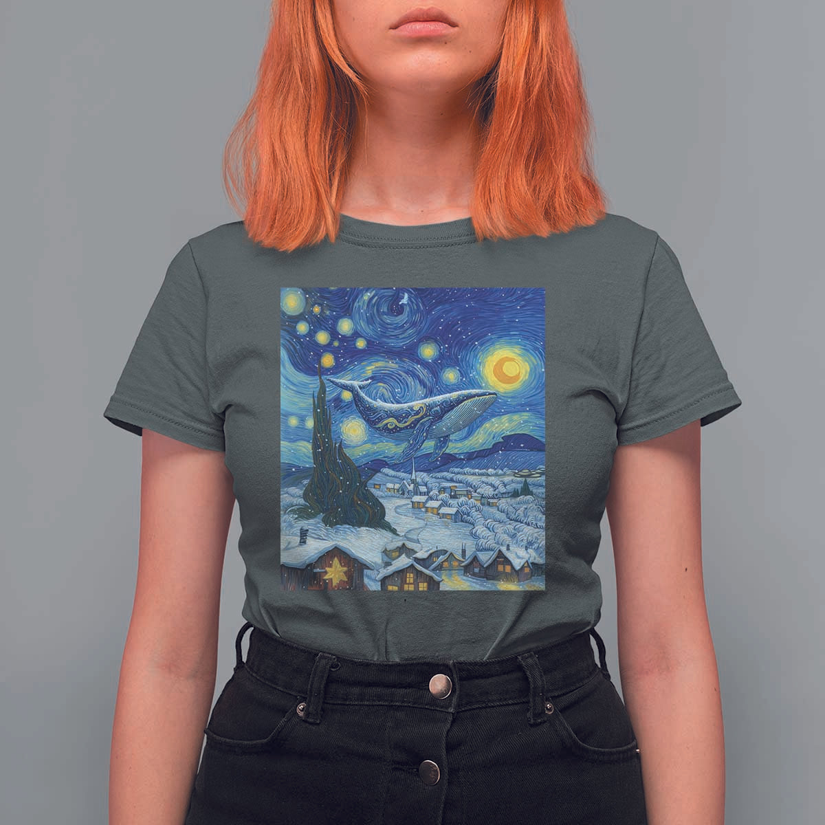 Whale Christmas T Shirt For Women Stary Night Van Gogh Christmas - Wonder Print Shop