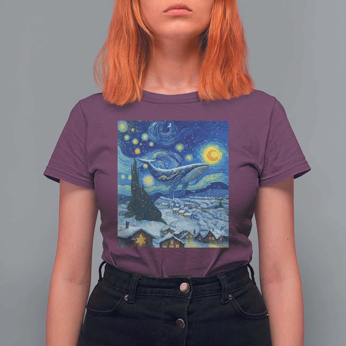 Whale Christmas T Shirt For Women Stary Night Van Gogh Christmas - Wonder Print Shop