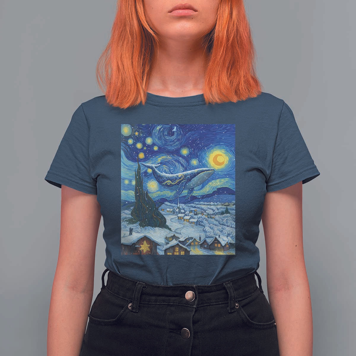 Whale Christmas T Shirt For Women Stary Night Van Gogh Christmas - Wonder Print Shop