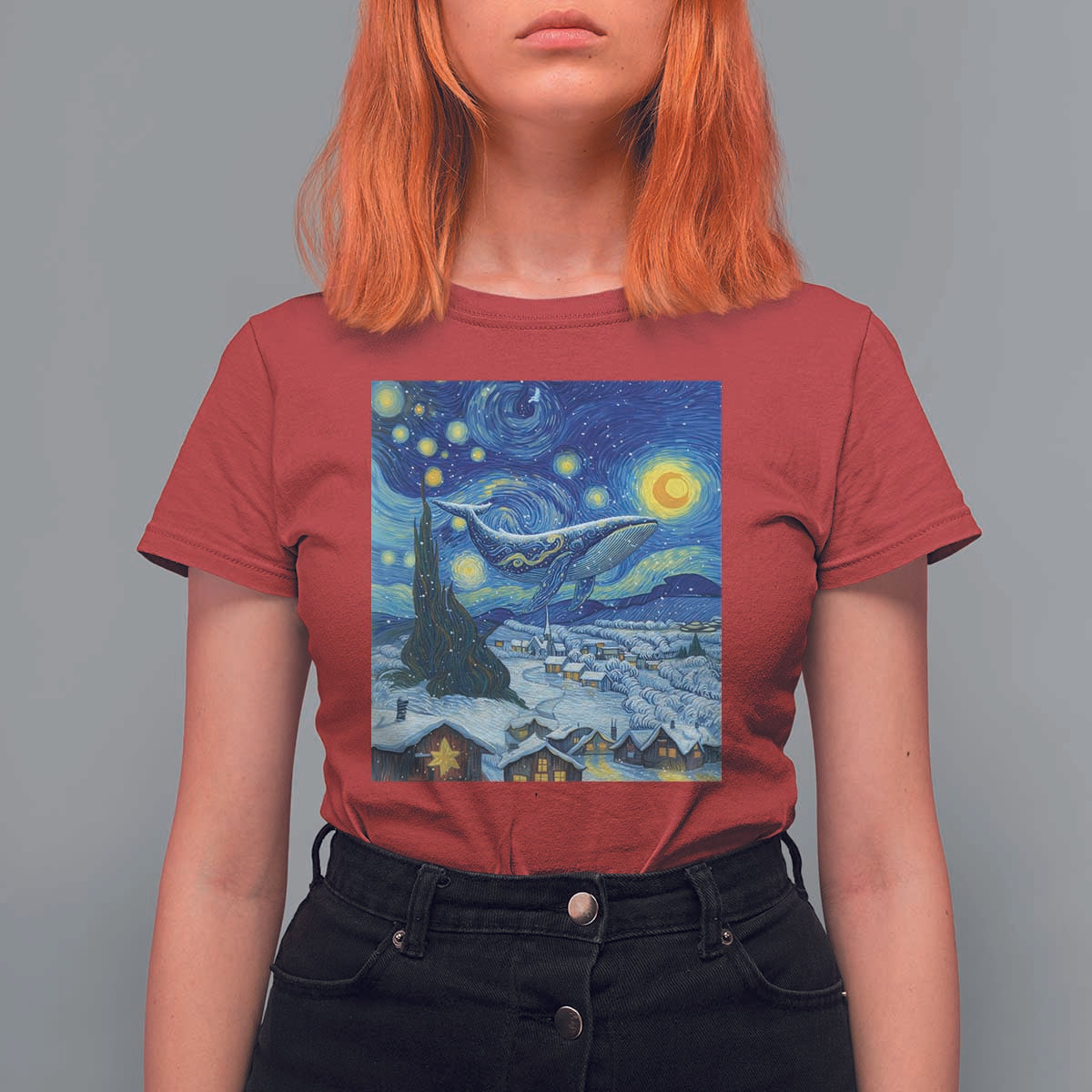 Whale Christmas T Shirt For Women Stary Night Van Gogh Christmas - Wonder Print Shop