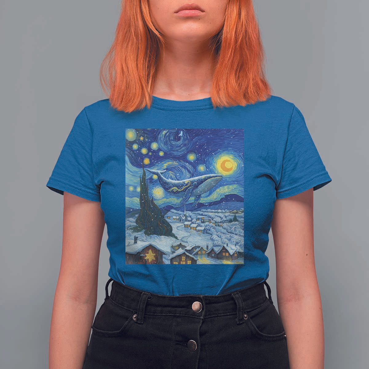 Whale Christmas T Shirt For Women Stary Night Van Gogh Christmas - Wonder Print Shop