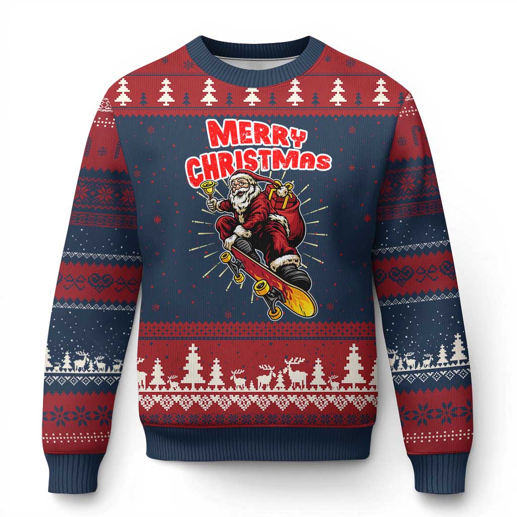 Santa Skateboarding Xmas Ugly Christmas Sweater Funny Skater Xmas - Wonder Print Shop