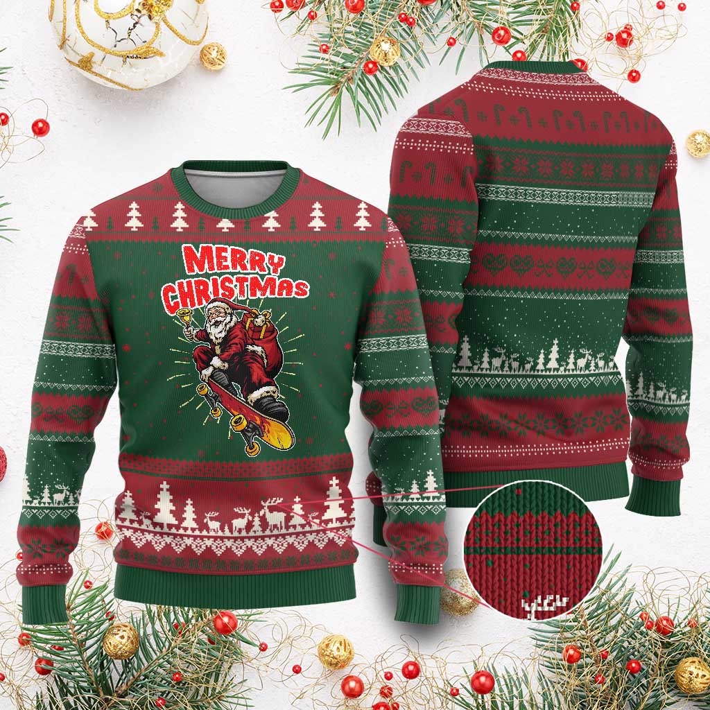 Santa Skateboarding Xmas Ugly Christmas Sweater Funny Skater Xmas - Wonder Print Shop