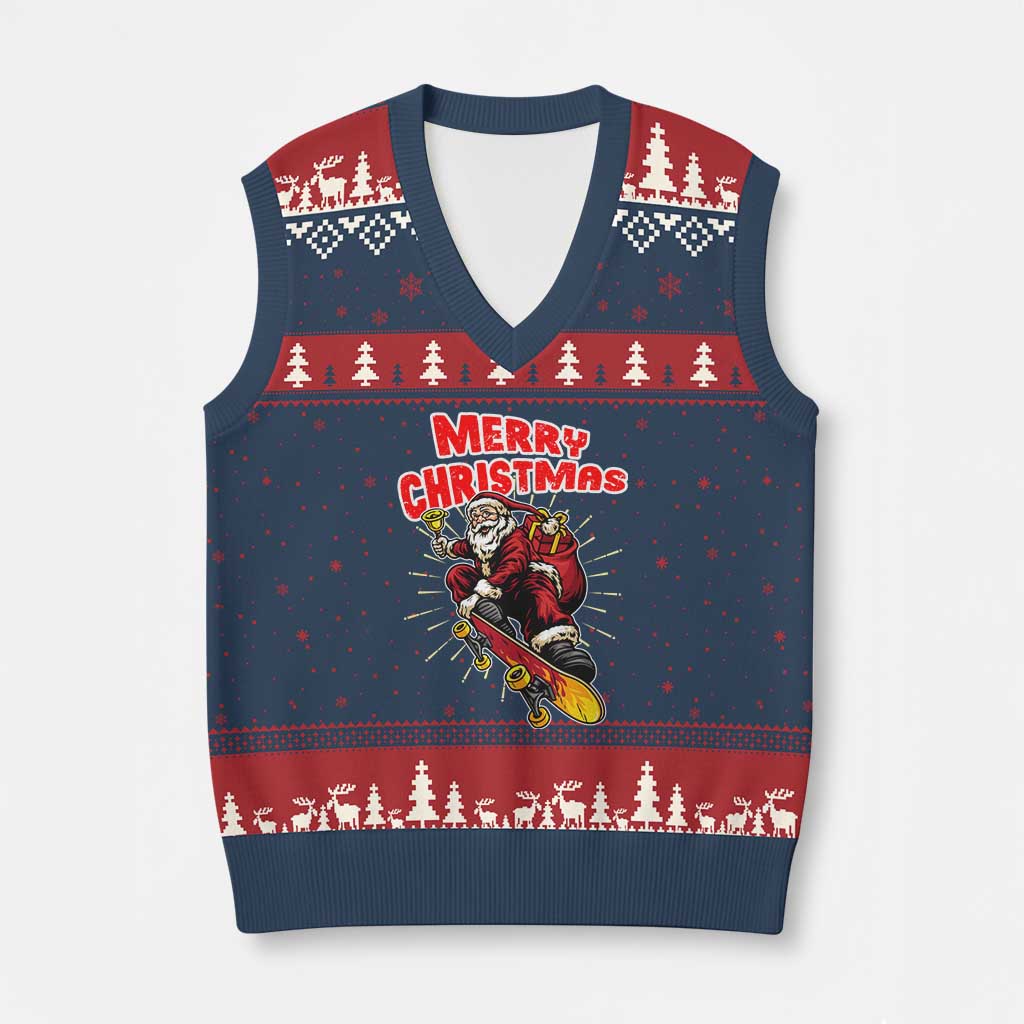 Santa Skateboarding Xmas V-Neck Knit Sweater Vest Funny Skater Xmas - Wonder Print Shop