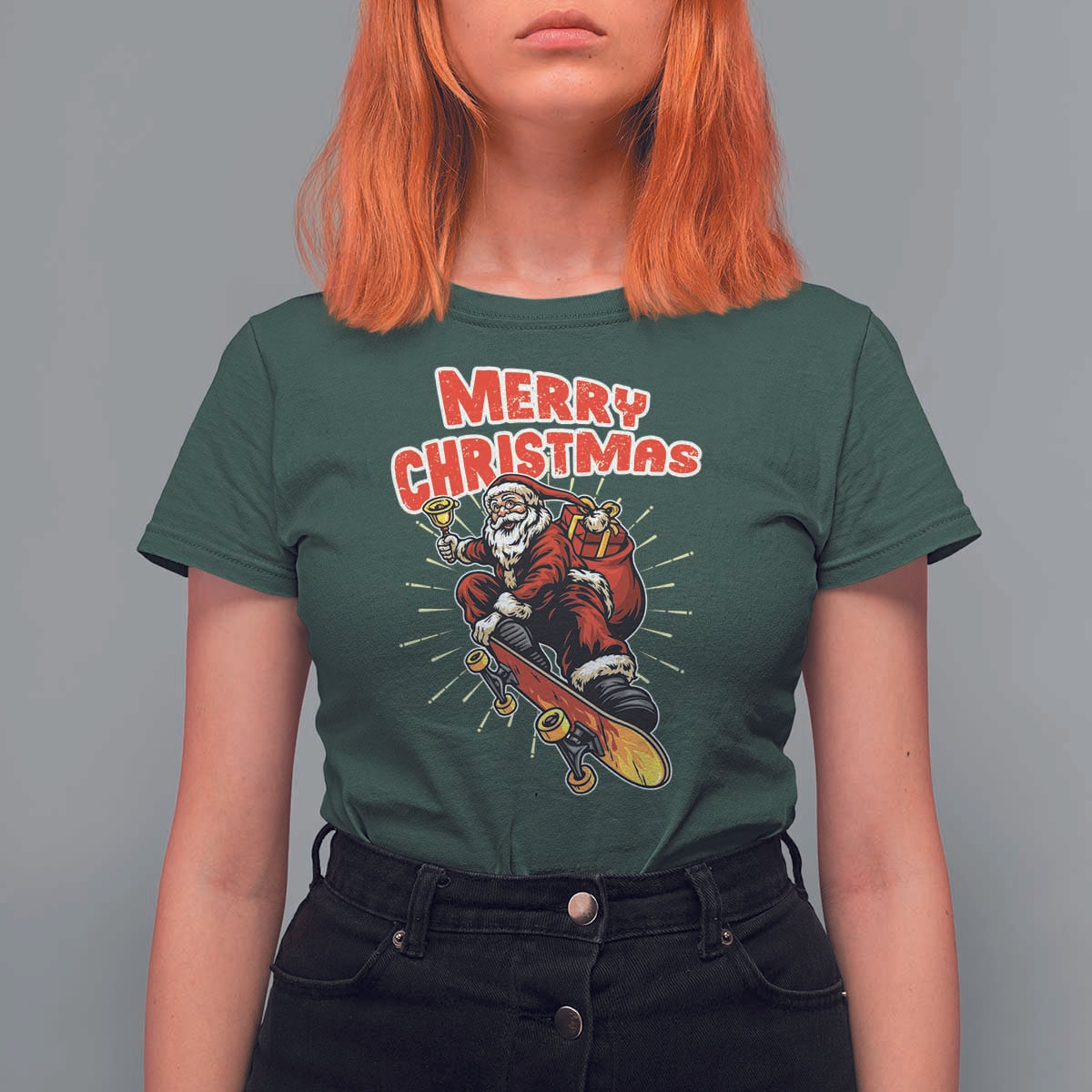 Santa Skateboarding Christmas T Shirt For Women Funny Skater Xmas - Wonder Print Shop