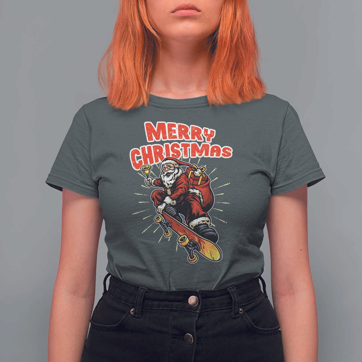 Santa Skateboarding Christmas T Shirt For Women Funny Skater Xmas - Wonder Print Shop