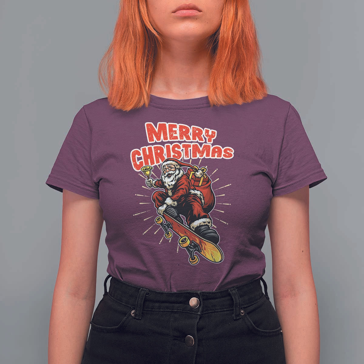 Santa Skateboarding Christmas T Shirt For Women Funny Skater Xmas - Wonder Print Shop