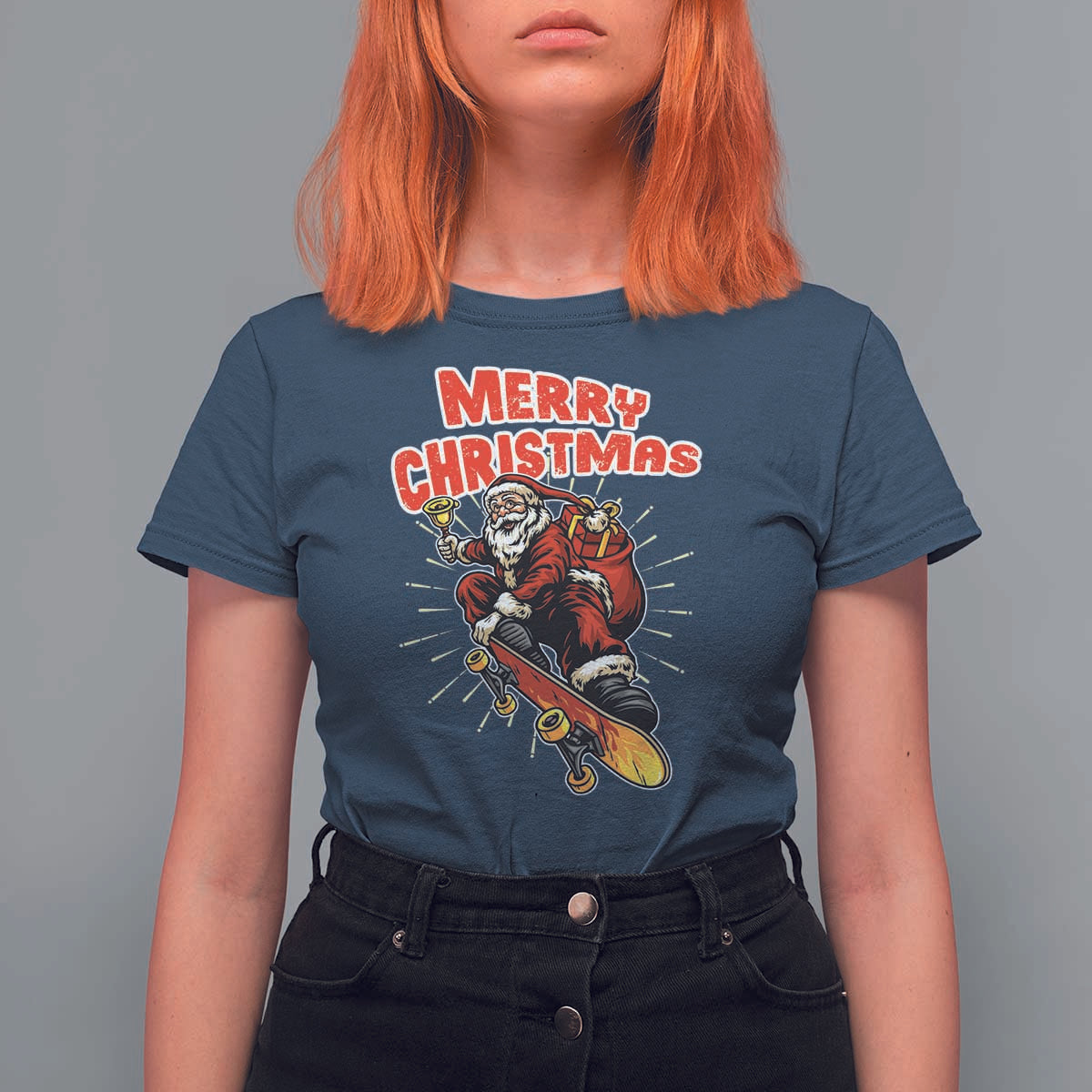 Santa Skateboarding Christmas T Shirt For Women Funny Skater Xmas - Wonder Print Shop