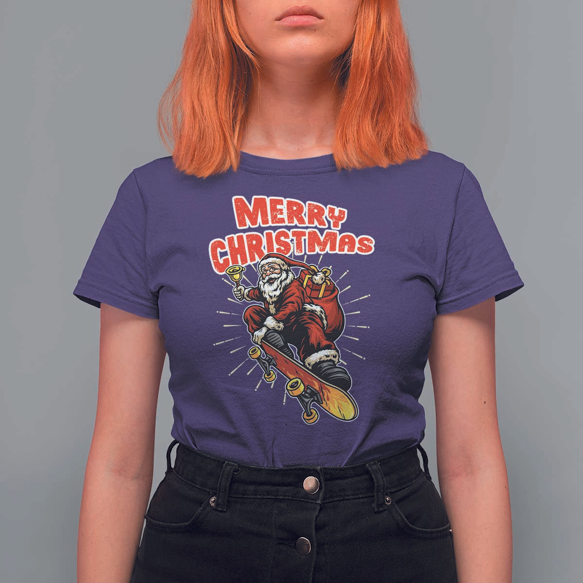 Santa Skateboarding Christmas T Shirt For Women Funny Skater Xmas - Wonder Print Shop