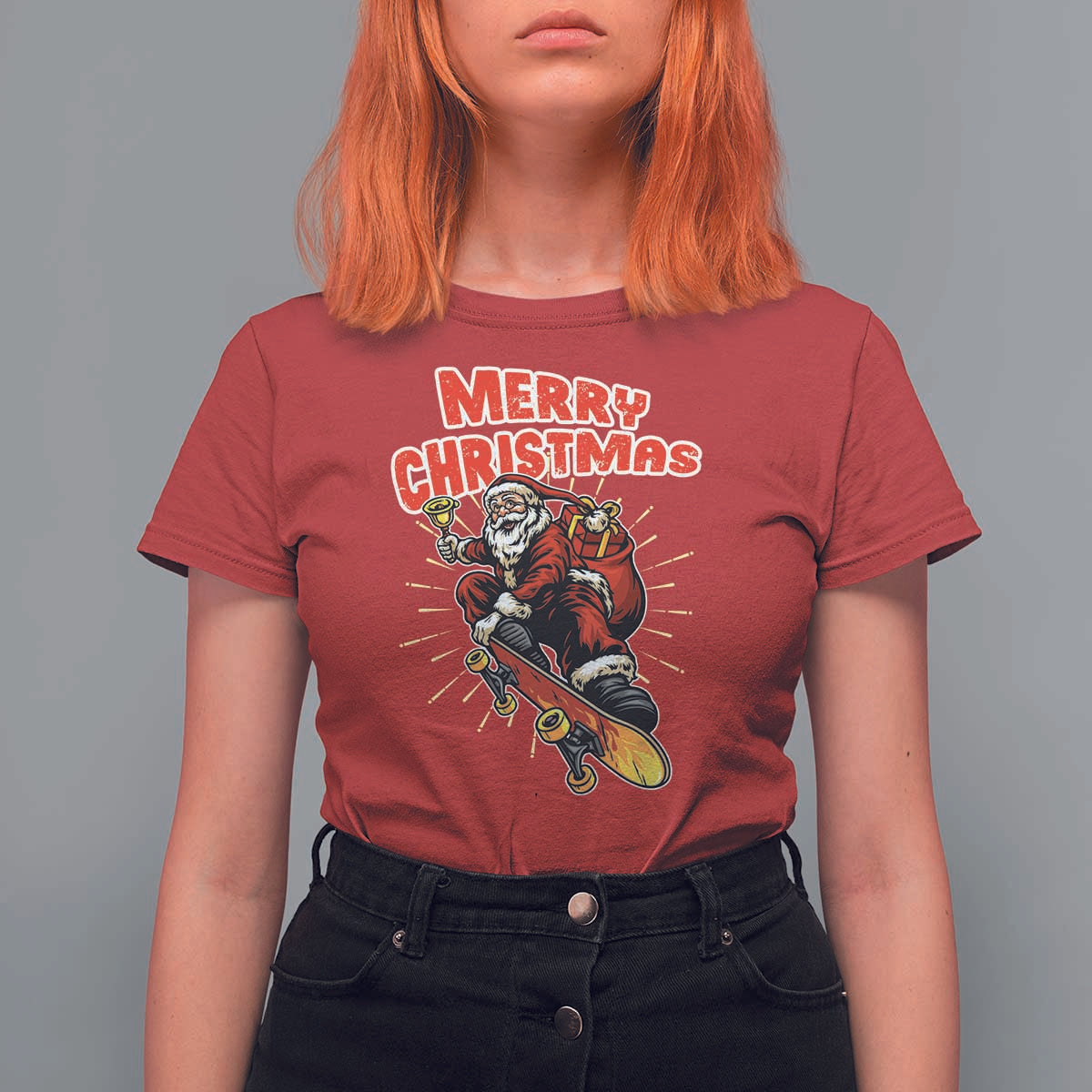 Santa Skateboarding Christmas T Shirt For Women Funny Skater Xmas - Wonder Print Shop